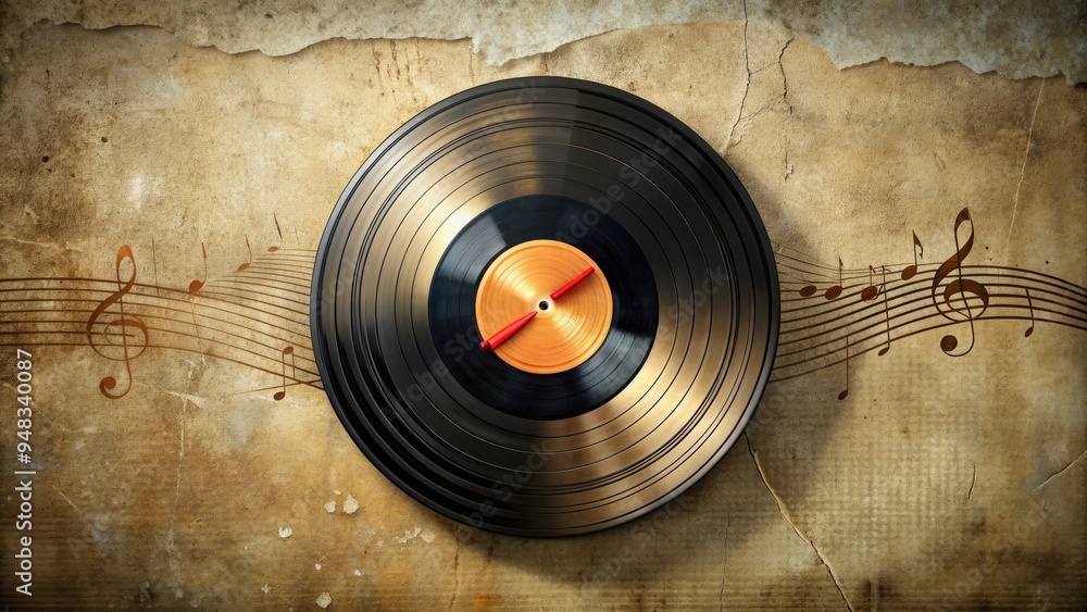Obraz premium A vintage-inspired circular vinyl record with a stylized sound wave logo at its center, set against a distressed textured background with subtle music notes.