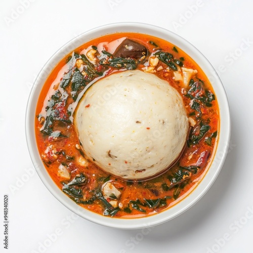 A bowl of white fufu dough in a red soup with vegetables. photo