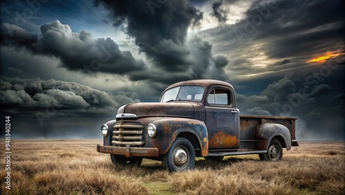 A vintage, rusty black truck stands isolated in a rural landscape, contrasting against a stark, moody black and white background, evoking a sense of nostalgia.