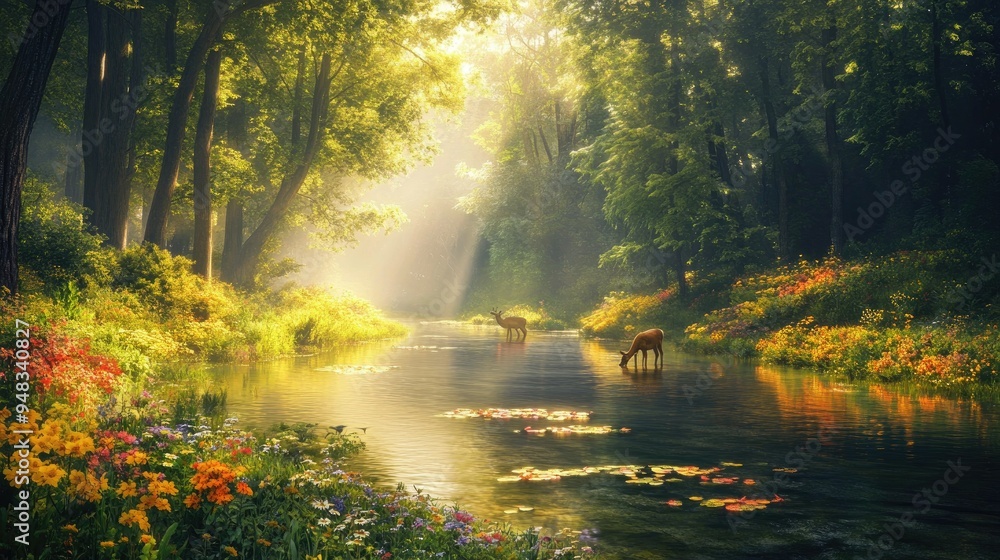 A calm river flowing through a dense forest, colorful wildflowers along the banks, a couple of deer grazing nearby, rays of sunlight piercing through the canopy A calm river flowing through a dense forest, colorful wildflowers along the banks, a couple of deer grazing nearby, rays of sunlight piercing through the canopy