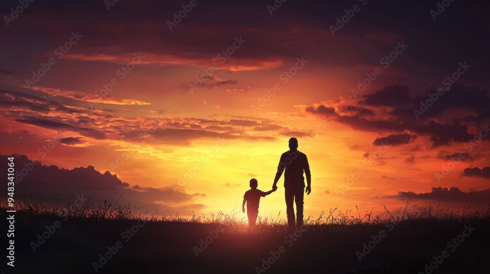 A father and son holding hands, silhouetted against a stunning sunset, symbolizing love, companionship, and cherished moments. A father and son holding hands, silhouetted against a stunning sunset, symbolizing love, companionship, and cherished moments.