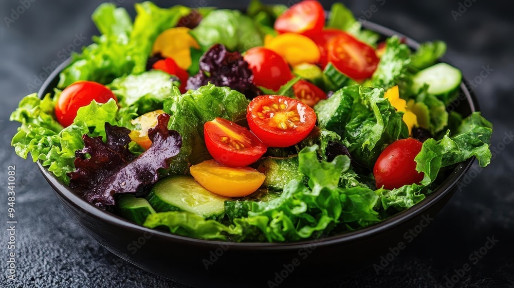 Salad bowl with fresh vegetables filled with vibrant greens and tomatoes Salad bowl with fresh vegetables filled with vibrant greens and tomatoes