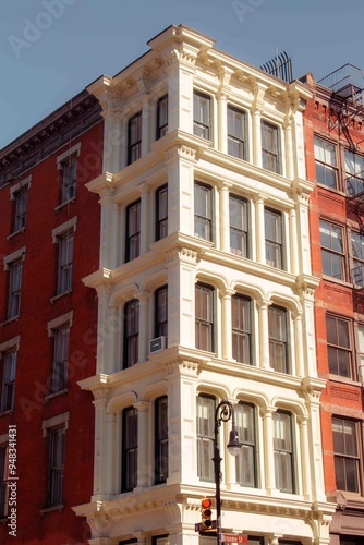 Classic cast-iron architecture white and pink building in SoHo New York with fire escape sunny day blue sky