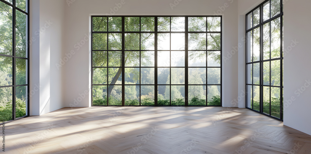 Empty High Ceiling Room with White Big Windows, Wooden Floor and White Walls interior design mock up Empty High Ceiling Room with White Big Windows, Wooden Floor and White Walls interior design mock up