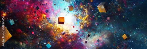 A vibrant and dynamic abstract digital artwork featuring colorful cubes floating in a chaotic and energetic cosmic environment. It symbolizes the boundless possibilities of the digital world, the inte photo