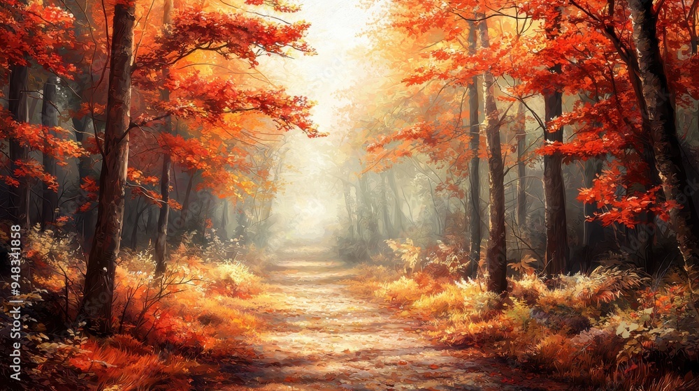 A serene autumn forest with vibrant red foliage and a misty path inviting tranquility and reflection. A serene autumn forest with vibrant red foliage and a misty path inviting tranquility and reflection.