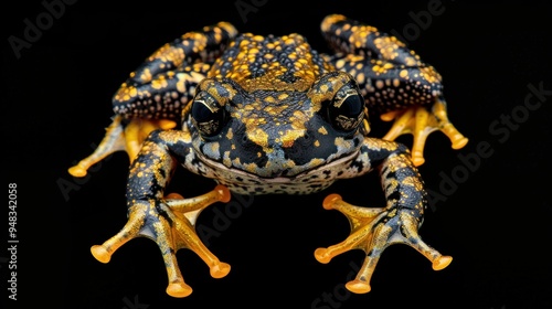 A frog with black and orange spots on its back photo