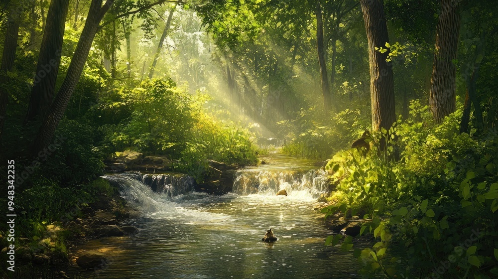 A serene forest stream, gentle flowing water surrounded by tall trees and lush greenery, small woodland creatures like rabbits and birds nearby, dappled sunlight through the leaves A serene forest stream, gentle flowing water surrounded by tall trees and lush greenery, small woodland creatures like rabbits and birds nearby, dappled sunlight through the leaves