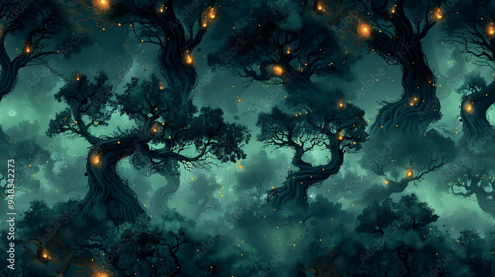 Fototapeta premium A seamless cartoon pattern of eerie, twisted trees with glowing eyes hidden among the branches, with subtle fog and small glowing orbs scattered throughout a dark green background. --ar 16:9 --v 6.