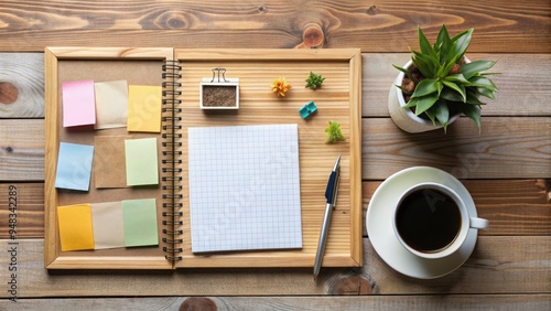 A wooden desk with a notebook, cup of coffee, and various coaching tools including a vision board, sticky notes, and a time management planner. photo