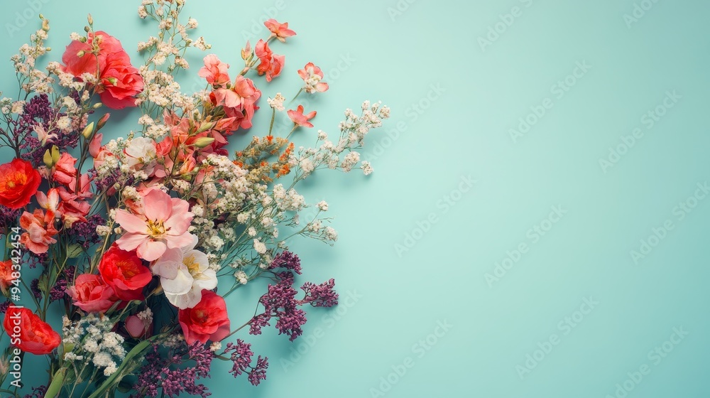 Fototapeta premium A vibrant bouquet of pink, red, and white flowers with delicate white stems arranged on a light turquoise background. The arrangement symbolizes nature, beauty, love, and new beginnings.