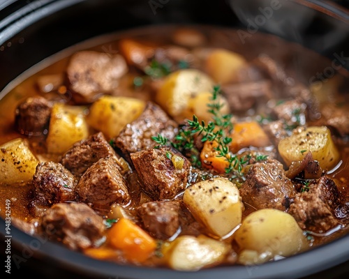 Slow cooker with stew simmering a warm, comforting dish photo