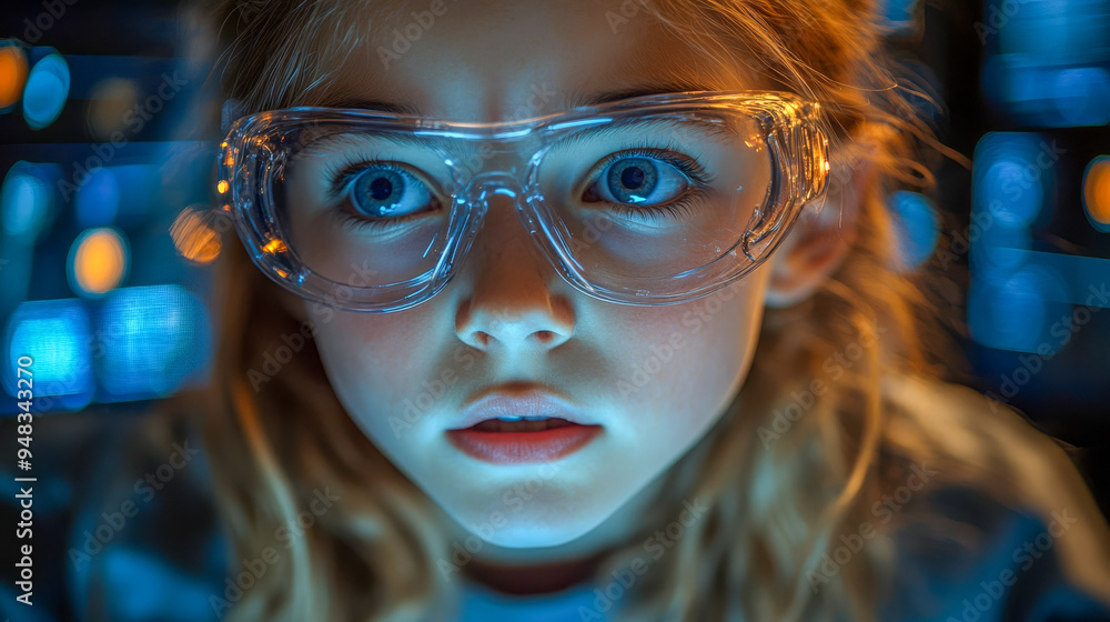 Close-up of a schoolgirl wearing protective goggles in a science lab. She is focused on an experiment.. Close-up of a schoolgirl wearing protective goggles in a science lab. She is focused on an experiment..