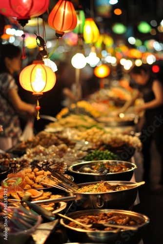 A bustling night market with various food stalls and brightly lit lanterns. photo