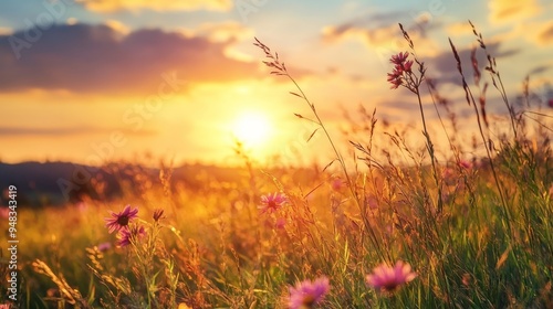 A vibrant meadow bathed in the warm glow of the golden hour, with wildflowers swaying gently in the breeze. The setting sun casts long shadows across the landscape, creating a serene and picturesque s