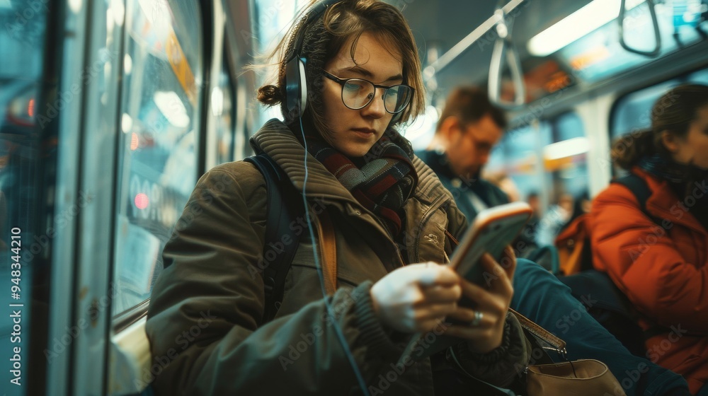 A professional commuting to work, riding a crowded train while listening to music or reading a book. A professional commuting to work, riding a crowded train while listening to music or reading a book.