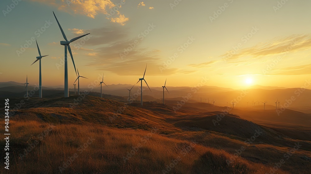 A panoramic view of wind turbines on a hilltop during sunset, capturing the harmony between nature and technology. A panoramic view of wind turbines on a hilltop during sunset, capturing the harmony between nature and technology.