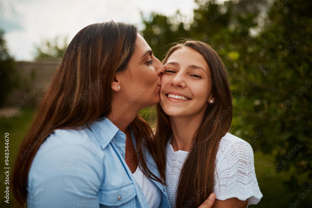 Kiss, mom and daughter in park for portrait, love or bonding together for single parent or care. Outdoor, relax and proud mother in nature for support, girl or teenager with smile, growth or newborn Kiss, mom and daughter in park for portrait, love or bonding together for single parent or care. Outdoor, relax and proud mother in nature for support, girl or teenager with smile, growth or newborn