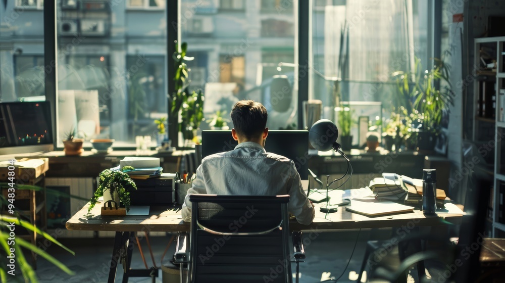 A professional working diligently at a desk in an open-plan office, focused and productive amidst the office buzz. A professional working diligently at a desk in an open-plan office, focused and productive amidst the office buzz.