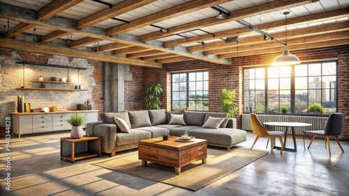 Beautiful modern living room under construction with exposed brick wall, wooden beams, and concrete floor, awaiting finishing touches in a sleek urban renovation.