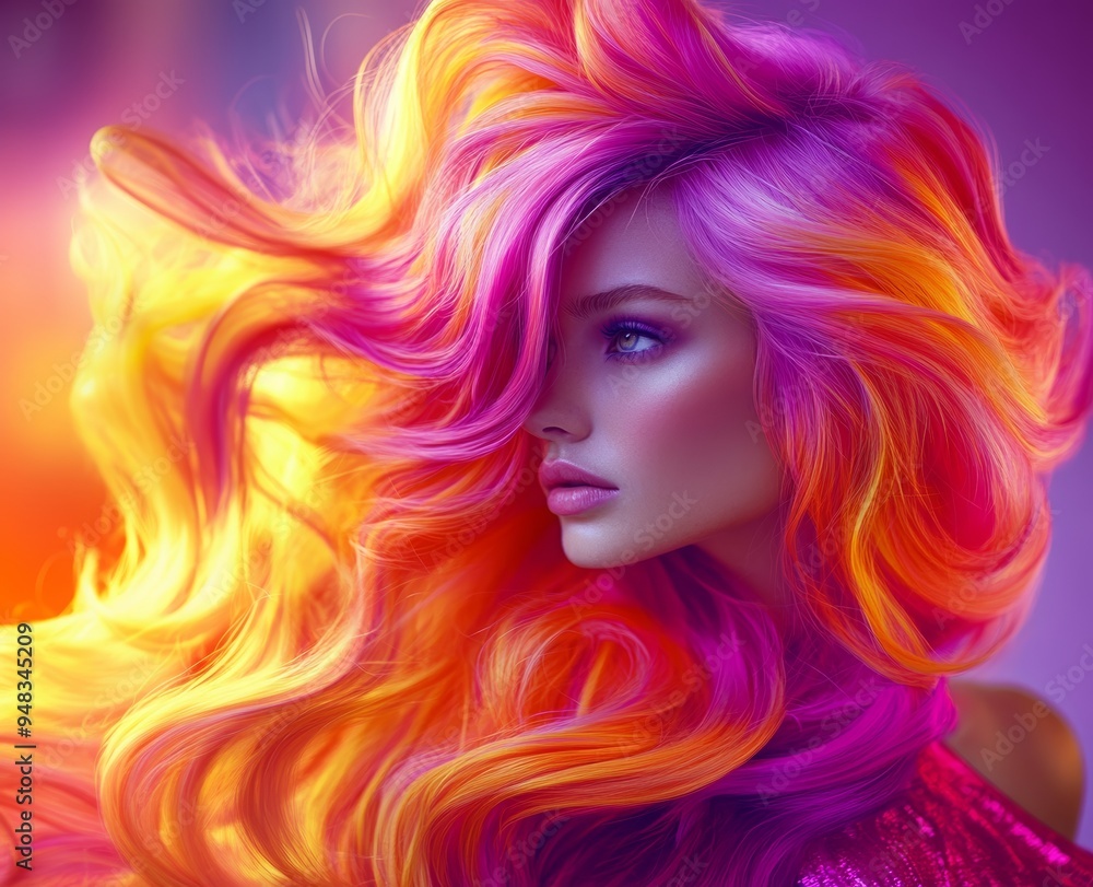 portrait of a woman with long hair in rainbow colors, ad for hair color, shampoo or conditioner portrait of a woman with long hair in rainbow colors, ad for hair color, shampoo or conditioner