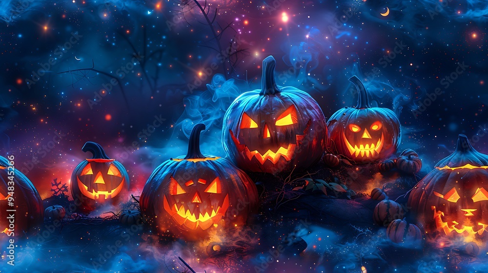 Fototapeta premium A seamless cartoon pattern of Jack-o'-Lanterns with a variety of facial expressions, glowing softly, surrounded by twinkling stars and swirling mist, on a deep indigo background. --ar 16:9 --v 6.