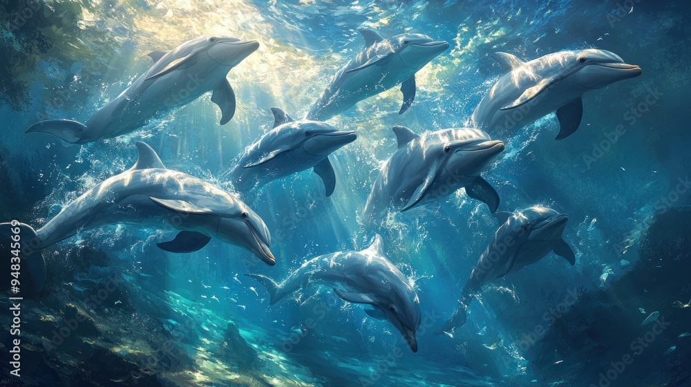 Fototapeta premium A pod of dolphins swimming in the ocean