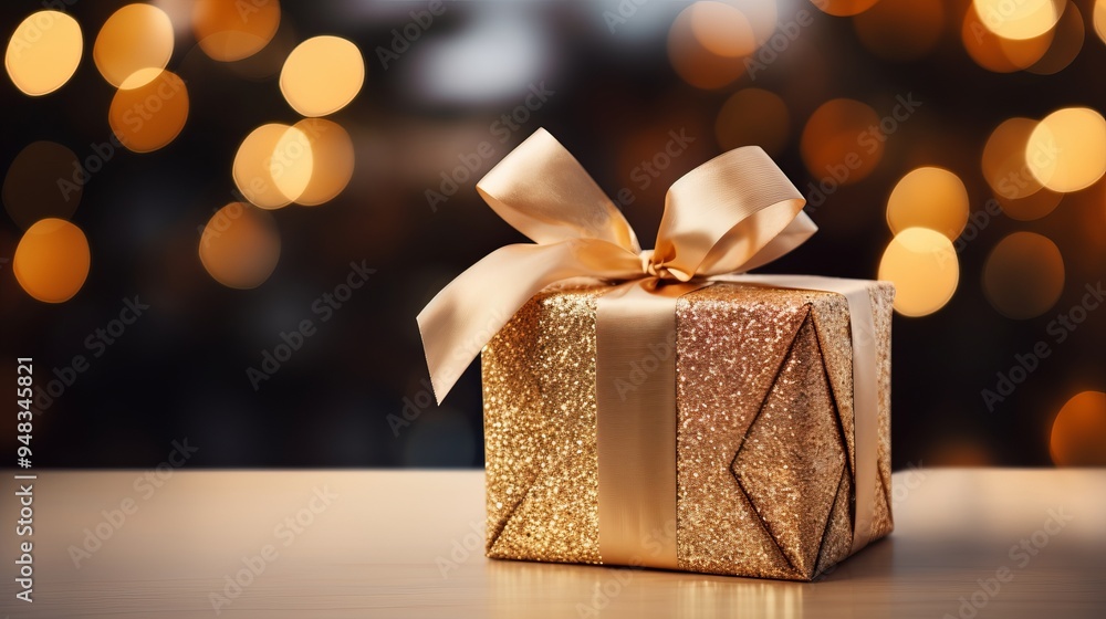 Gilded Delight: A Festive Holiday Scene with Golden Wrapping, Bokeh Lights, and Seasonal Decorations Gilded Delight: A Festive Holiday Scene with Golden Wrapping, Bokeh Lights, and Seasonal Decorations