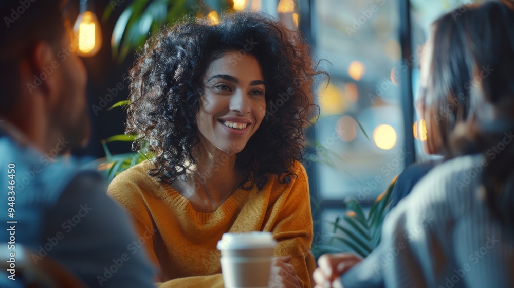 Coworkers engaging in friendly conversation during a coffee break, enjoying a relaxed atmosphere. Coworkers engaging in friendly conversation during a coffee break, enjoying a relaxed atmosphere.
