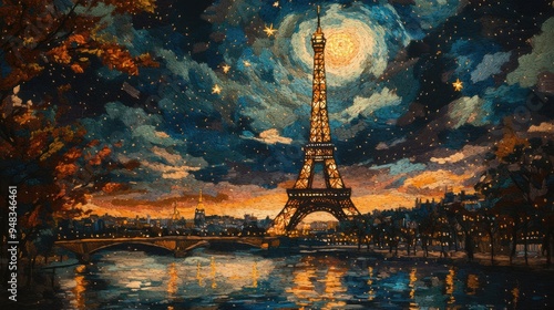 Starry Night Over Eiffel Tower - Paris Cityscape with Illuminated Eiffel Tower and Reflective River at Night