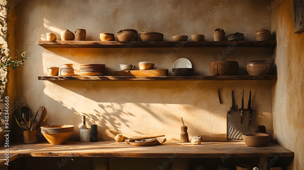 Shelves with clay and pottery tools, clay pieces on the shelves, soft light from the window, warm colors Shelves with clay and pottery tools, clay pieces on the shelves, soft light from the window, warm colors