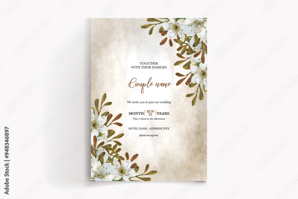 WEDDING INVITATION FRAME WITH FLOWER DECORATIONS WITH FRESH LEAVES WEDDING INVITATION FRAME WITH FLOWER DECORATIONS WITH FRESH LEAVES