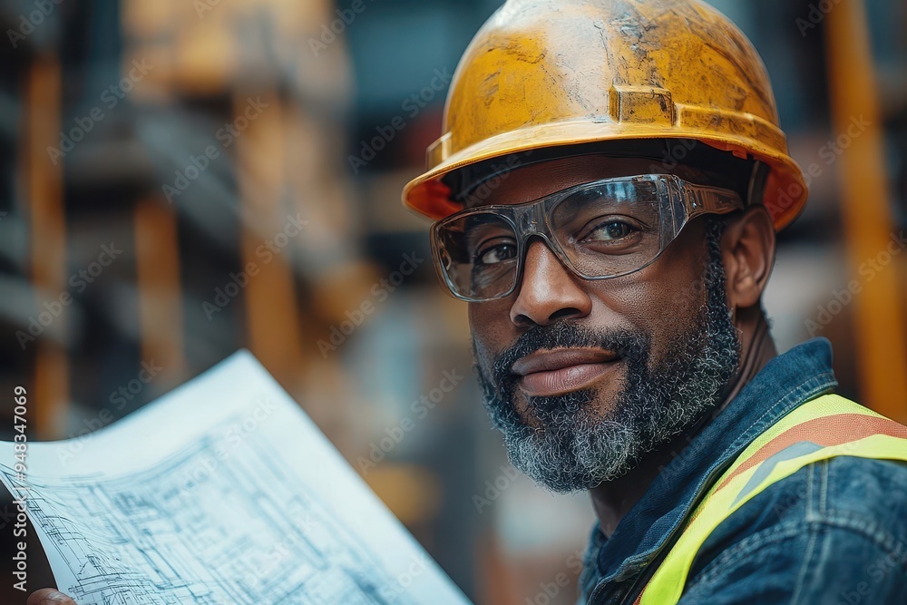 two diverse construction workers in hard hats and reflective vests studying blueprints against backdrop of steel beams and scaffolding two diverse construction workers in hard hats and reflective vests studying blueprints against backdrop of steel beams and scaffolding