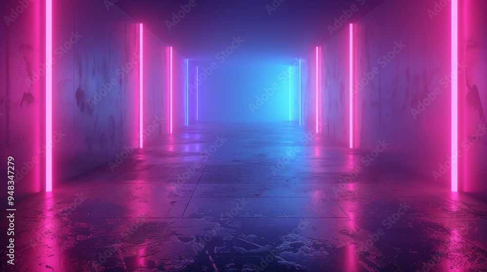 Experience the Stunning Vibrant Neon Light Tunnel Set Within a Foggy Atmospheric Scene Experience the Stunning Vibrant Neon Light Tunnel Set Within a Foggy Atmospheric Scene
