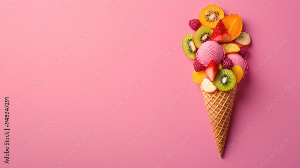 A waffle cone filled with pink ice cream and fresh fruit, including strawberries, kiwi, peach, and raspberries, on a pink background. A waffle cone filled with pink ice cream and fresh fruit, including strawberries, kiwi, peach, and raspberries, on a pink background.