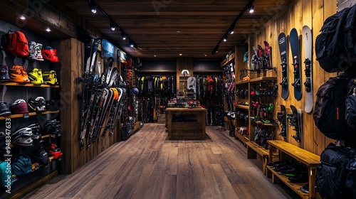 The atmosphere in a ski equipment shop. Rows of colorful snowboards in sport equipment store