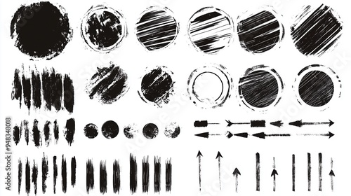 Abstract grunge vector design elements set featuring hand-drawn black ink circles and oval shapes with brush strokes on a white background. This versatile collection is ideal for web banners, posters,