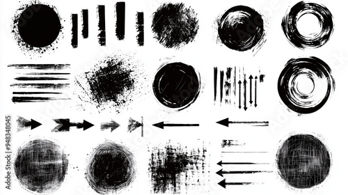 Abstract grunge vector design elements set featuring hand-drawn black ink circles and oval shapes with brush strokes on a white background. This versatile collection is ideal for web banners, posters,