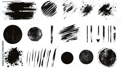 Abstract grunge vector design elements set featuring hand-drawn black ink circles and oval shapes with brush strokes on a white background. This versatile collection is ideal for web banners, posters,