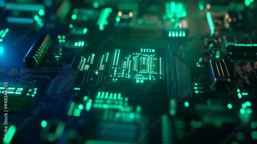 An abstract close-up view of a green illuminated digital circuit board, representing technology, innovation, data flow, and connectivity. An abstract close-up view of a green illuminated digital circuit board, representing technology, innovation, data flow, and connectivity.