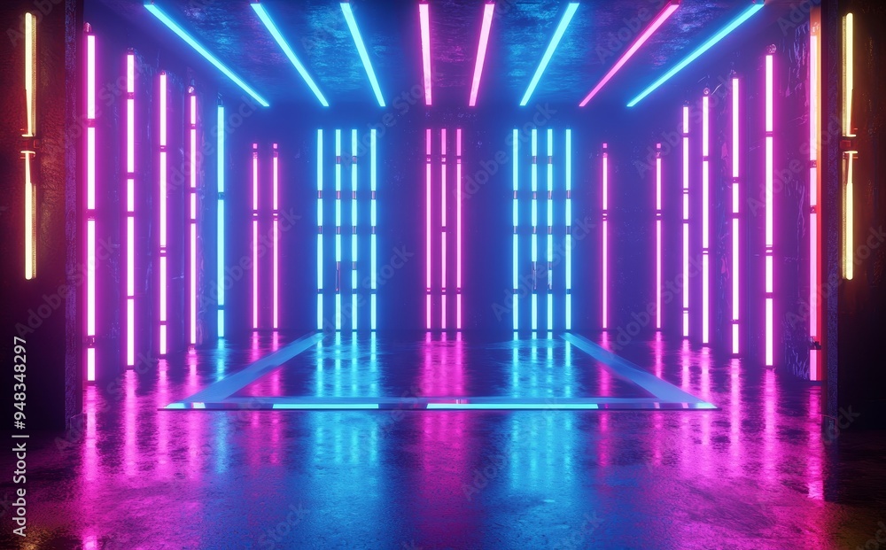 Rendering in 3D, neon lights in red and blue, illuminated corridors and tunnels, empty spaces, ultraviolet light, 80s retro style, stage design for a fashion show, abstract background Rendering in 3D, neon lights in red and blue, illuminated corridors and tunnels, empty spaces, ultraviolet light, 80s retro style, stage design for a fashion show, abstract background