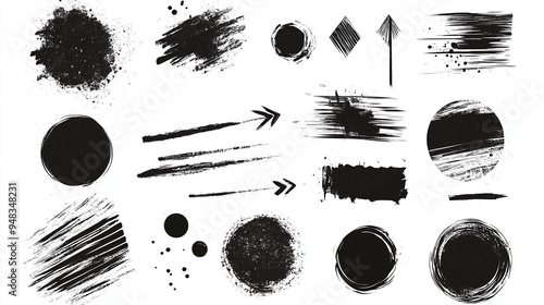 Abstract grunge vector design elements set featuring hand-drawn black ink circles and oval shapes with brush strokes on a white background. This versatile collection is ideal for web banners, posters,