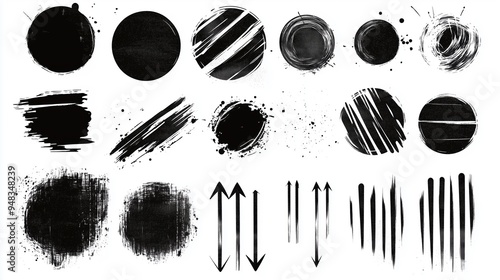 Abstract grunge vector design elements set featuring hand-drawn black ink circles and oval shapes with brush strokes on a white background. This versatile collection is ideal for web banners, posters,