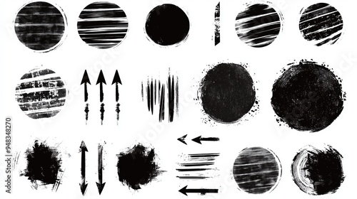 Abstract grunge vector design elements set featuring hand-drawn black ink circles and oval shapes with brush strokes on a white background. This versatile collection is ideal for web banners, posters,