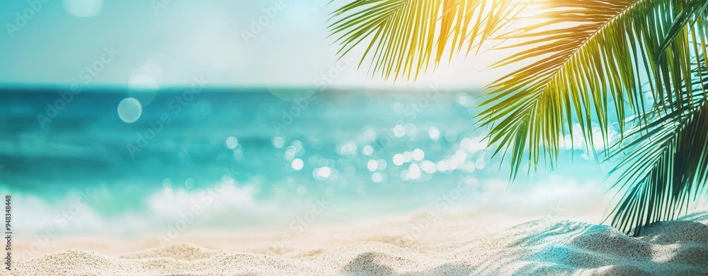 A tropical beach with palm leaves and a paradise island A tropical beach with palm leaves and a paradise island