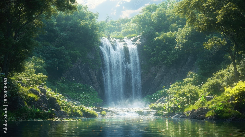 Calming waterfall in a lush, green forest Calming waterfall in a lush, green forest