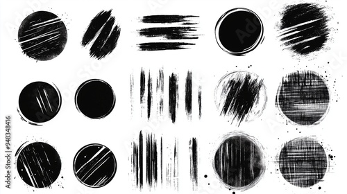 Abstract grunge vector design elements set featuring hand-drawn black ink circles and oval shapes with brush strokes on a white background. This versatile collection is ideal for web banners, posters,