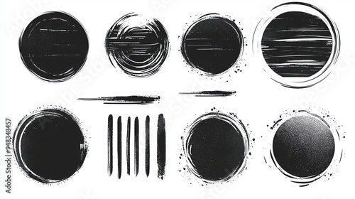 Abstract grunge vector design elements set featuring hand-drawn black ink circles and oval shapes with brush strokes on a white background. This versatile collection is ideal for web banners, posters,