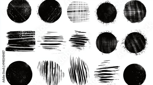 Abstract grunge vector design elements set featuring hand-drawn black ink circles and oval shapes with brush strokes on a white background. This versatile collection is ideal for web banners, posters,
