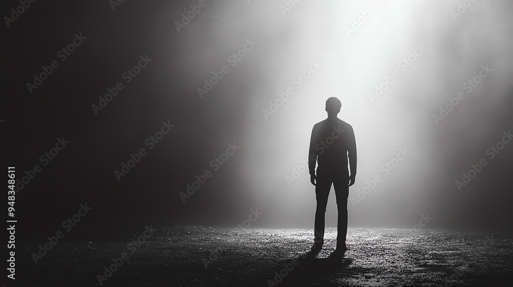 Obraz premium Capture a powerful rear view silhouette of a person standing alone, subtly conveying the impact of HIV/AIDS, using stark monochrome tones